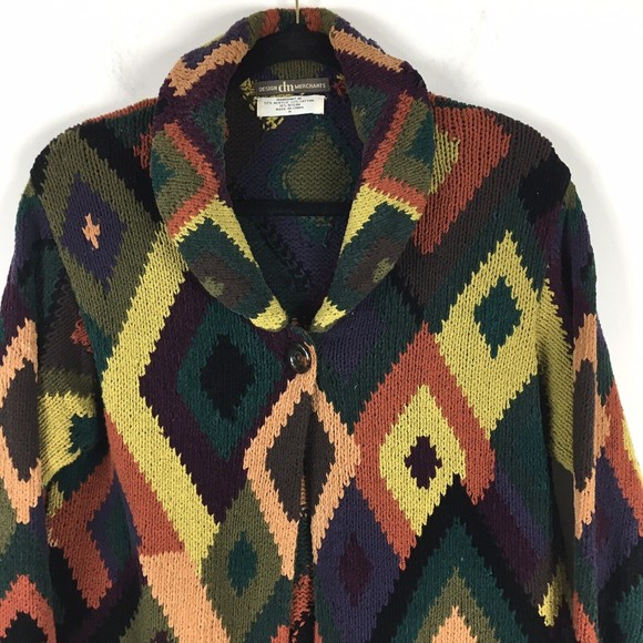 VTG Design Merchants 90s Hand Knit Button Cardigan Diamond M Yellow Green Purple - Picture 4 of 8